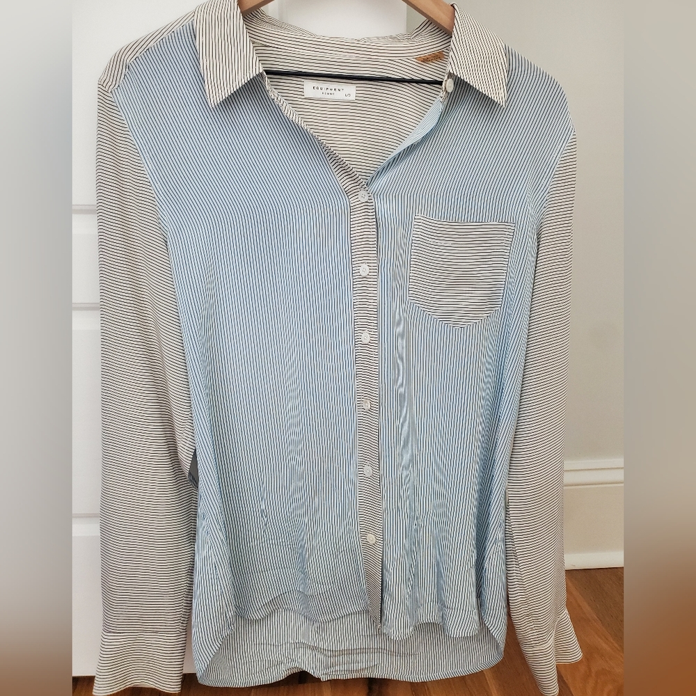 Equipment Silk Navy and Black Striped Button Down Blouse Size L